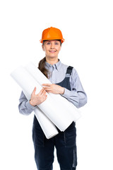 Woman builder with engineering drawings in her hands smiling. Isolated