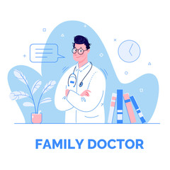 Obraz premium illustration with a friendly smiling doctor with speech bubble and place for text