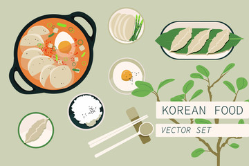 Vector flat set of traditional korean food dishes. View from above, top view. Isolated icons of bibimbap, rice, egg, omelet, tofu, kimchi mandu.