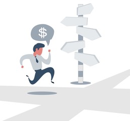 Right direction. A businessman looks at arrows pointing to many directions. Concept business vector illustration