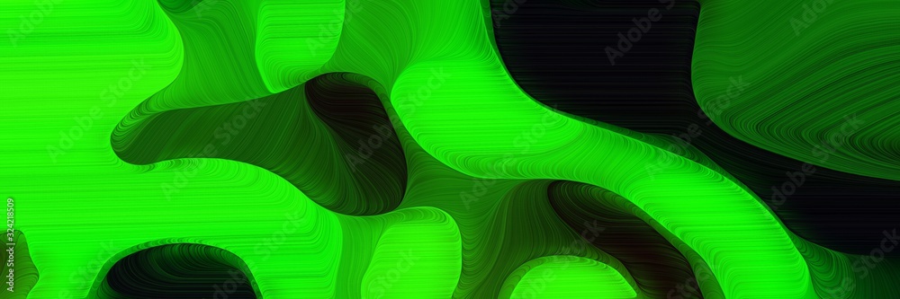 Poster flowing horizontal banner with lime, green and very dark green colors. dynamic curved lines with flu