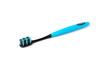Blue toothbrush with black bristles isolated on white background.