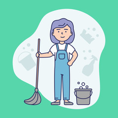 Cleaning Service Concept. Woman In Uniform With a MOP and Bucket Ready To Clean Home And Office. Abstract Background. Cleaning Company Worker. Linear Outline Cartoon Flat Style. Vector Illustration