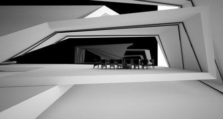 Abstract architectural black and white interior of a modern villa. 3D illustration and rendering.