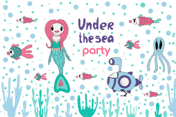 under The sea. birthday card with a cute little mermaid, fish and bathyscaphe.vector illustration of a hand-drawn cartoon style. For children's books, invitation cards, t-shirt design, poster