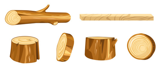 Wood isolated icons, forest materials or timber, stump and log