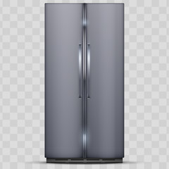 Modern Fridge Freezer refrigerator with double doors. Silver color. Household technology and appliances. Vector Illustration isolated on transparent background.
