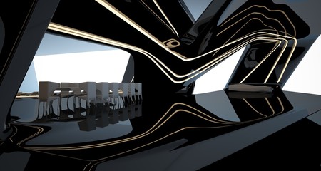 Abstract architectural black and white interior of a modern villa with neon lighting. 3D illustration and rendering.