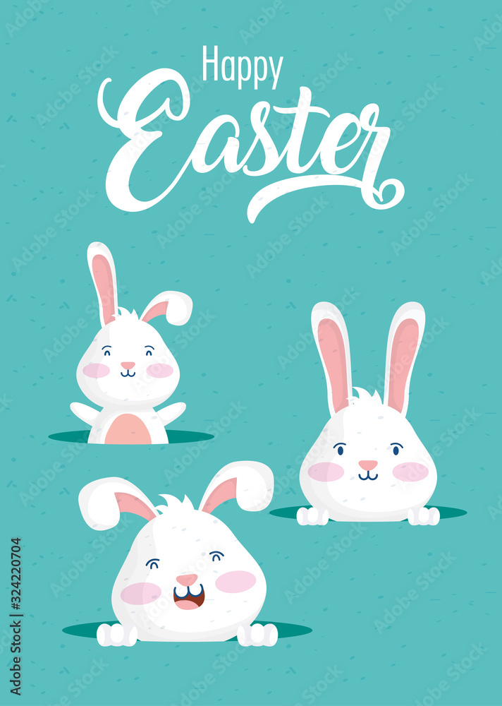 Sticker happy easter celebration card with rabbits characters