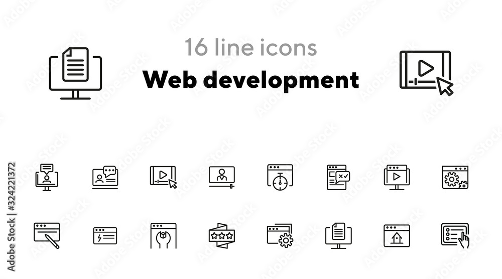 Wall mural web development icons. set of line icons on white background. homepage, setting folder, webinar. com