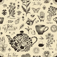 Printed roller blinds Tea Vector seamless pattern with medicinal herbs. Abstract background on the theme of tea with black pencil drawings in retro style. Chinese character tea. Suitable for Wallpaper, wrapping paper, fabric.