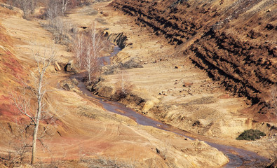 Polluted rivulet along the old tailings Trepca's in Zvecan, Canyon in Kosovo