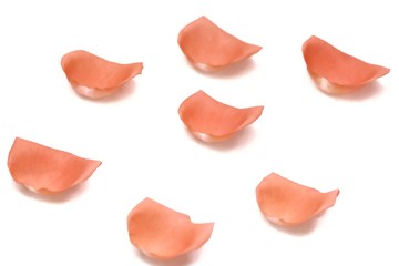 In senlective focus a pile of sweet orange rose corollas on white isolated background and copy space