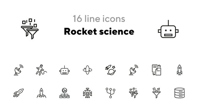 Rocket science line icon set. Spaceship, rocket, cosmic. Space engineering concept. Vector illustration can be used for topics like technology, progress, invention