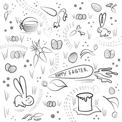 Happy easter greeting card, kids doodle. Childish drawing flyer, invitation. Drawn rabbits, carrots eggs basket and cake.