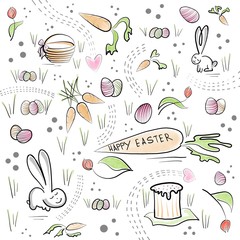 Happy easter greeting card - sketch with text. Childish drawing flyer, primitive doodle invitation. Pale pastel background - drawn rabbits, carrots eggs basket and cake.