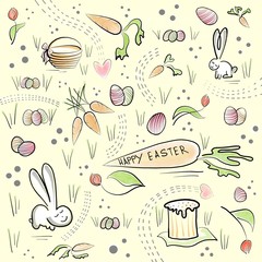 Happy easter greeting card - sketch with text. Childish drawing flyer, primitive doodle invitation. Pale pastel background - drawn rabbits, carrots eggs basket and cake.