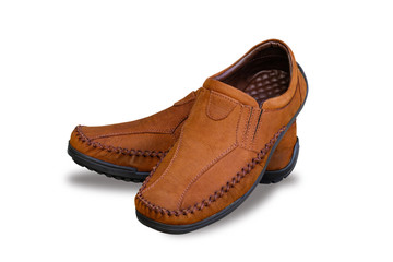 Brown mens shoes white isolated background with clipping path. Slip-on shoes