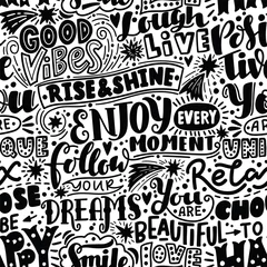 Peel and stick wall murals Positive Typography Lettering seamless pattern positive words. Sweet cute inspiration typography. For textile, wrapping paper, hand drawn style backgrounds