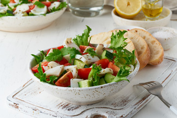Salad with squid, cucumbers, tomatoes and lettuce. LCHF, FODMAP, paleo diet. Fresh spring vitamin mix.