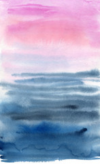 Watercolor background with a gradient from pink to blue with drips of paint. Stains of paint on textured paper. Abstract work in delicate colors. Pink sunset.