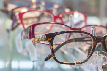 eyeglass frames on the counter of a specialty store