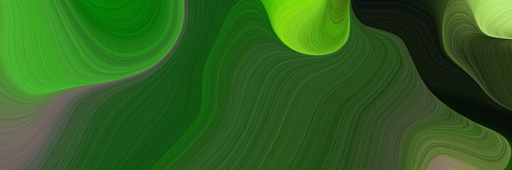 moving designed horizontal banner with forest green, moderate green and very dark green colors. dynamic curved lines with fluid flowing waves and curves
