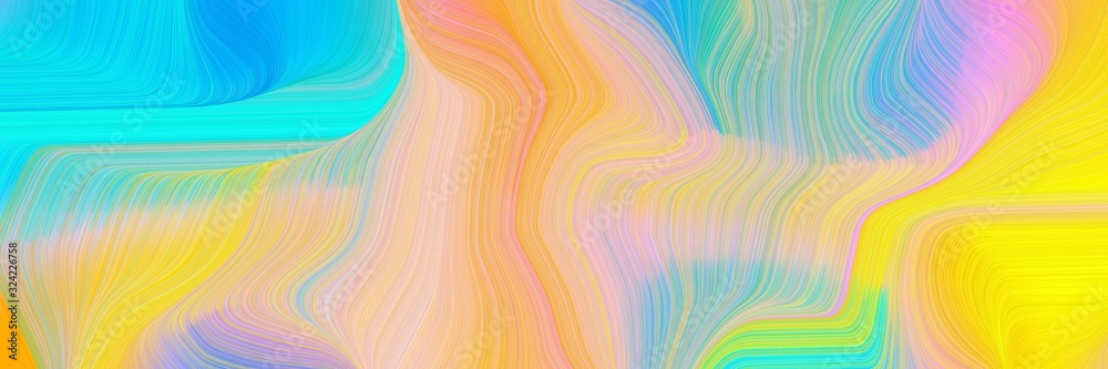 Poster moving horizontal header with bright turquoise, burly wood and gold colors. dynamic curved lines with fluid flowing waves and curves