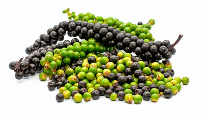 Fresh Green and black peppercorn isolated on white background