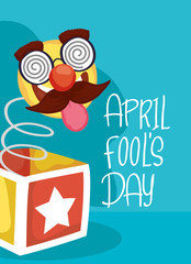 happy april fools day card with surprise box and crazy emoji