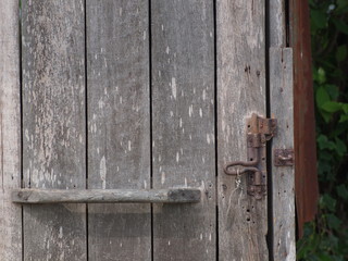 old aged weathered wood surface of an old country house door with wooden grip and rusty bolt.