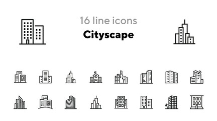 Cityscape line icon set. Set of line icons on white background. Architecture concept. Building, skyscraper, architecture. Vector illustration can be used for topics like apartment, estate, downtown © SurfupVector
