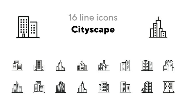 Cityscape line icon set. Set of line icons on white background. Architecture concept. Building, skyscraper, architecture. Vector illustration can be used for topics like apartment, estate, downtown
