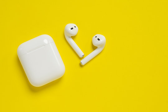 ROSTOV-ON-DON, RUSSIA - October 07, 2019: Apple AirPods wireless Bluetooth headphones and charging case for  Apple iPhone. New Apple Earpods Airpods in box.