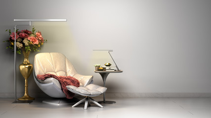 simple room interior render with leather armchair in light style colors 3d render image