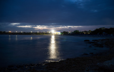 Night view of Landa Beach in Ayia Napa, Cyprus.