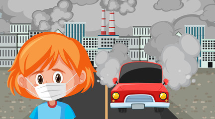 Scene with girl wearing mask in the big city