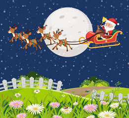 Scene with Santa on the sleigh flying over the green field at night