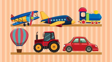 Naklejka premium Many transportation toys on wooden shelves