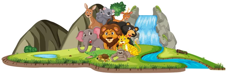 Fototapete Zoo Scene with many wild animals by the waterfall on white background  © brgfx