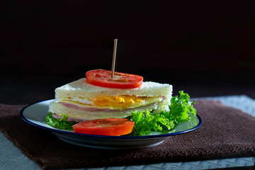 Sandwich cheese and ham and fried egg with veg. in white dish on dark brown apron
