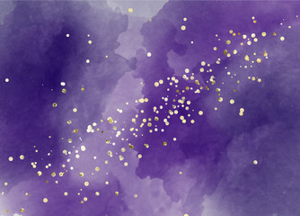 purple watercolor background with gold sparkles. Great design for a wedding invitation.