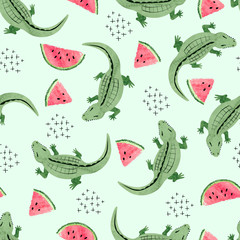 Nahtloses Krokodilmuster mit Wassermelonenscheiben. Vektor abstrakter trendiger Hintergrund.