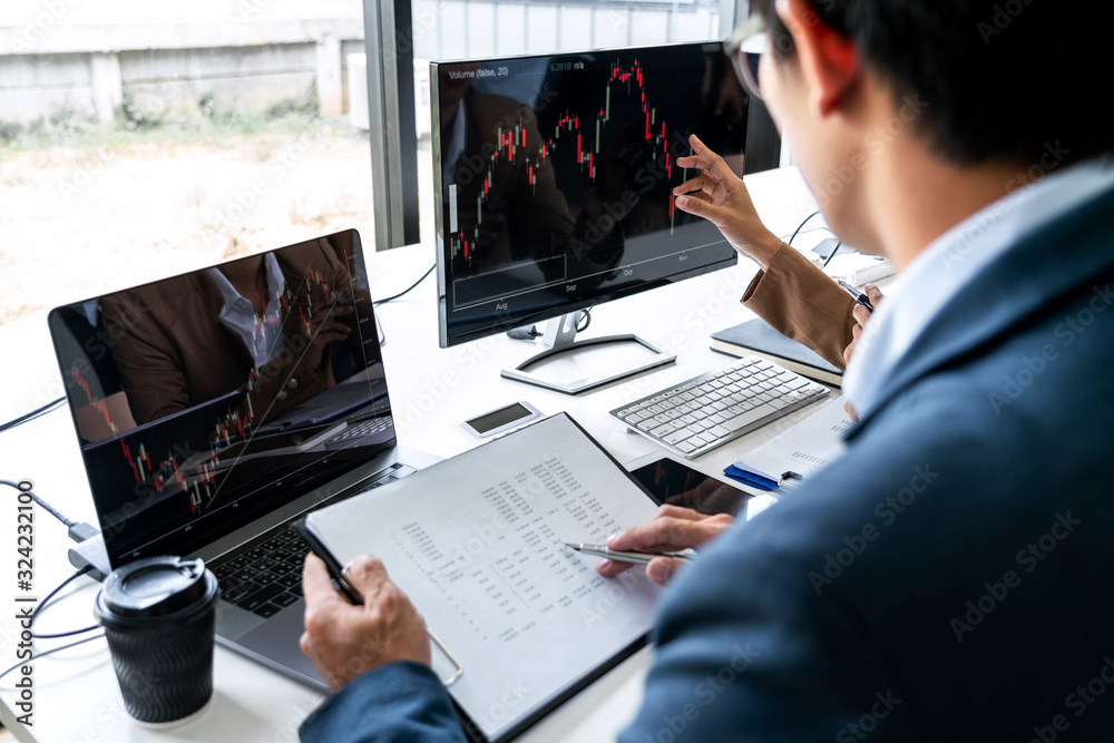 Poster business team investment working with computer, planning and analyzing graph stock market trading wi