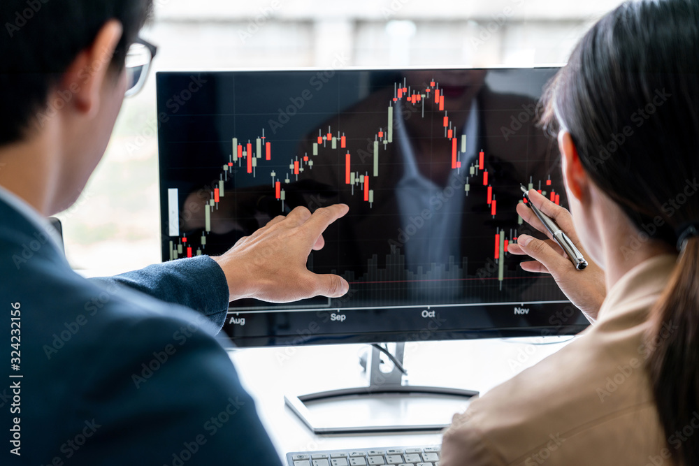 Poster business team partner working with computer, laptop, discussion and analyzing graph stock market tra