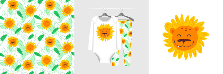 Seamless pattern and illustration with sunflowers and lion head.