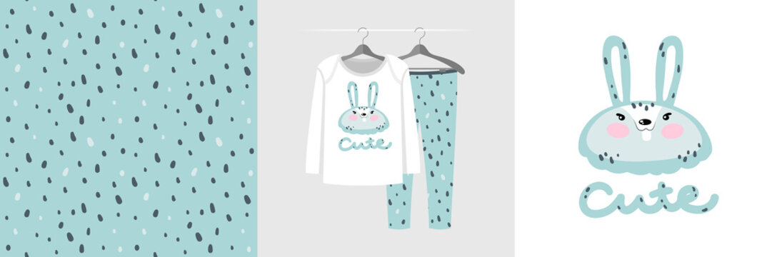 Seamless pattern and illustration for kid with mint rabbit.