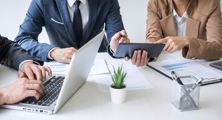 Group of Business partner professional team working together meeting are discussing and analyzing with new strategy marketing project investment to growth up profit into company