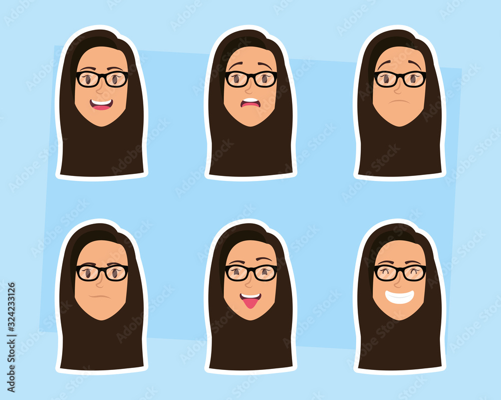 Sticker group of women with eyeglasses heads and expressions