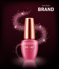 Realistic nail polish bottle with golden lid on black background. Cosmetic brand advertising concept design